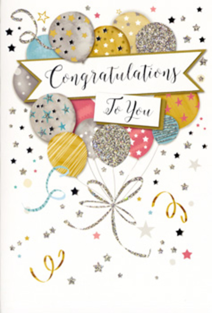In this detailed view of a congratulations card, the design unfolds like a carefully curated celebration, much like the thoughtful gatherings we see around East Ham after big life moments. A generous cluster of balloons fills the upper and central part of the card, their shapes softly rounded and gently layered so they seem to float forward from the surface. The colour palette is refined and uplifting: muted gold and antique silver mingle with champagne tones, soft sky blue, rose pink and a whisper of warm grey. Each balloon is embellished with a different metallic pattern-some dusted with tiny starlike dots, others brushed with narrow vertical lines or scattered confetti, all executed in shimmering inks that catch even the faintest light. Fine, curling ribbons stream down from the balloons, rendered in sparkling gold and silver strokes that twist and loop gracefully across the lower half of the design. Surrounding the central cluster, the pale background is animated with scattered stars, tiny dots and playful swirls, evoking the flutter of confetti tossed in the air outside a local town hall or school gates near East Ham. At the centre, slightly overlapping the balloons, a softly arched banner unfurls, carrying the word Congratulations in an ornate, flowing script that feels both personal and dignified. The whole composition suggests lightness and upward motion, like hopes being gently lifted. As a florist, it instantly calls to mind a bouquet tailored for graduations, promotions or new chapters, where each colour and texture is chosen to echo that same sense of pride and happiness-an ideal card to accompany fresh, fragrant flowers on a day worth remembering.