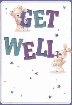 The cheerful spirit of East Ham is captured beautifully in this get well card, where a cuddly bear and an animated, floppy-eared puppy share the joyful task of sending healing wishes. Set against a pure white background-like the calm that comes with a quiet morning stroll down High Street North-these two delightful friends bring warmth and lightness to the fore, their expressive faces painted with hope and affection. The bold, bouncing letters of 'GET WELL,' shaded in aquamarine and deep purple, suggest the vibrancy of the fresh botanicals at East Ham Flowers, and truly spring from the design as if illuminated by care. Twinkling stars in varied shades of blue and purple pepper the space, reminiscent of the unexpected little joys one finds in E6's local parks, promising brighter days ahead. The tactile illustrations-the bear's plush, inviting fur and the puppy's silky ears-invite a sense of touch and comfort, similar to the soothing embrace of a carefully prepared flower arrangement delivered locally. The overall mood is one of gentle optimism and sincere encouragement, perfectly suited for lifting spirits and reminding someone in East Ham that they are cared for, cherished, and never alone during recovery.