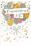 The card in this image radiates a joyful, polished kind of celebration, reminiscent of a thoughtfully planned party after work along East Ham's lively streets. At its heart is a charming bouquet of balloons, each one slightly overlapping the next, creating a soft, rounded mass of colour and shine. The balloons glow in coordinated tones of gold, silver, champagne, gentle blue, dusky pink and soft grey, with surfaces subtly decorated in metallic patterns-tiny stars, twinkling dots, and graceful stripes that lend the design texture and sparkle without overwhelming it. Slim, elegant ribbons in glinting gold and silver trail downward from the base of the cluster, their curves and loops echoing the arc of real curling ribbon on a gift or flower box. Around this central display, the background remains light and airy, scattered with whimsical stars, swirling lines and specks of metallic confetti, giving the impression of movement, like festive streamers caught mid-drift in a breeze near Plashet Park. Spanning the middle of the card, a refined banner stretches across the design, bearing the message Congratulations To You in beautifully flowing, calligraphic script that feels sincere and affectionate. The print and metallic touches suggest a gentle, tactile quality, as if running your fingers across the surface would reveal slight ridges and smooth, glossy accents. The entire card gives off an atmosphere of buoyant pride and warm support-perfect to tuck beside a bouquet sent to mark exam success, a new job or any proud milestone, allowing the visual language of balloons and starlight to echo the heartfelt words that may be written inside.