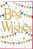 This Best Wishes card is captured in a way that instantly communicates joy and celebration, as if you are stepping into a small street festival on a bright day in East Ham. At its heart, the message Best Wishes is written in confident golden script, the letters slightly raised and gleaming, suggesting a smooth, almost foil-like texture under the fingertips. The gold stands out vividly against the pure white background, creating a clean, modern contrast that keeps the design feeling airy and uncluttered. Embracing the words are playful strings of bunting, curving gently across the top and bottom of the card. Each pennant is a tiny triangle of vibrant colour-crimson, aqua, grass green, tangerine, lemon yellow, and royal blue-some finished with delicate patterns, like fine stripes and joyful polka dots that evoke the variety of stalls at East Ham Market. Sprinkled amid the bunting, miniaturised stars and dots in matching shades scatter like confetti, adding motion and liveliness, as though the card has captured the very moment someone shouts congratulations! and tosses a handful of colourful paper into the air. The design feels inclusive and versatile, suitable for marking milestones from new jobs and graduations to moving into a first flat near Central Park or along High Street North. It conveys warmth, encouragement, and pride without using many words, relying instead on the thoughtful combination of sparkling gold, vibrant colours, and white space to send a clear visual message of celebration and good fortune.